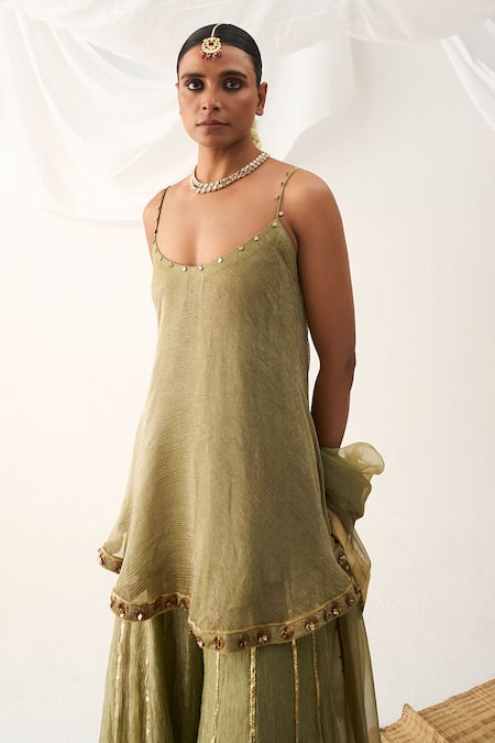 Buy Itrh Green Organza, , Satin Embroidery, Placement Tunic And Sharara Set Online at Aza Fashions Buy_Itrh_Green Organza, , Satin Embroidery, Placement Tunic And Sharara Set _Online_at_Aza_Fashions