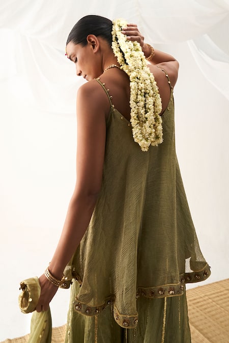 Shop Itrh Green Organza, , Satin Embroidery, Placement Tunic And Sharara Set Online at Aza Fashions Shop_Itrh_Green Organza, , Satin Embroidery, Placement Tunic And Sharara Set _Online_at_Aza_Fashions