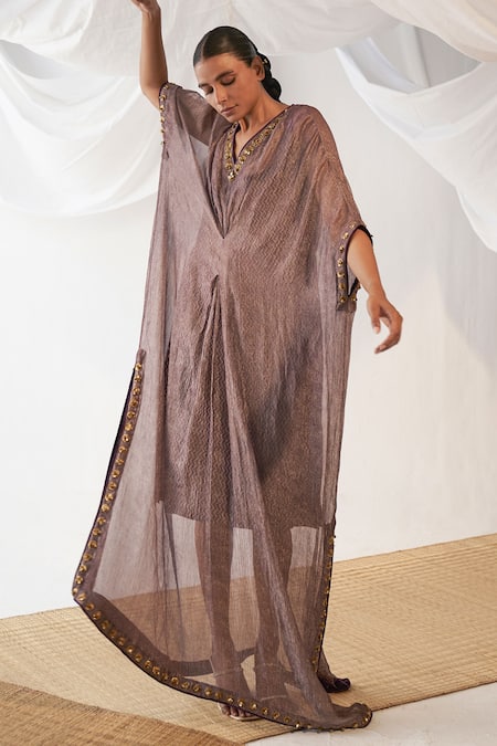 Itrh Purple Silk, Cotton Embroidery V-neck Chevron Pattern Kaftan 