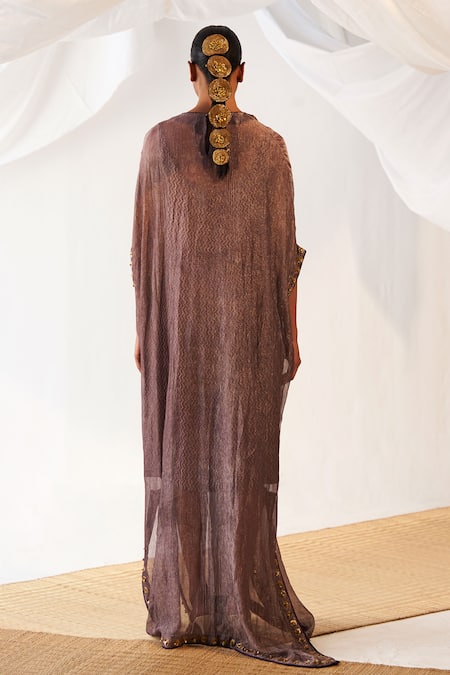 Shop Itrh Purple Silk, Cotton Embroidery V-neck Chevron Pattern Kaftan at Aza Fashions Shop_Itrh_Purple Silk, Cotton Embroidery V-neck Chevron Pattern Kaftan _at_Aza_Fashions