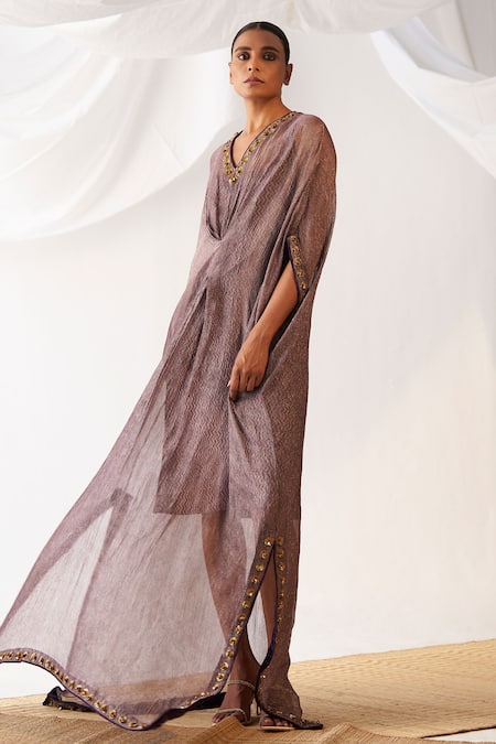 Itrh Purple Silk, Cotton Embroidery V-neck Chevron Pattern Kaftan Online at Aza Fashions Itrh_Purple Silk, Cotton Embroidery V-neck Chevron Pattern Kaftan _Online_at_Aza_Fashions