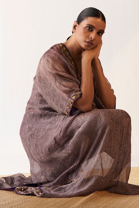 Shop Itrh Purple Silk, Cotton Embroidery V-neck Chevron Pattern Kaftan Online at Aza Fashions Shop_Itrh_Purple Silk, Cotton Embroidery V-neck Chevron Pattern Kaftan _Online_at_Aza_Fashions