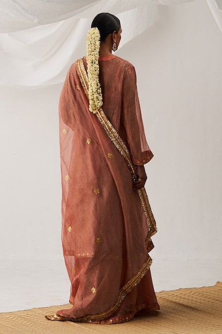 Itrh_Peach Silk, Crepe, Tissue Embroidery Placement Floral Kurta And Lehenga Set _Online_at_Aza_Fashions