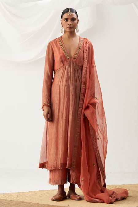 Itrh Peach Silk Tissue Placement Embroidery Golden Coin V Neck Anarkali Set 