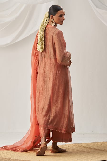Shop Itrh Peach Crepe, Organza, Embroidery V-neck Placement Anarkali Set at Aza Fashions Shop_Itrh_Peach Crepe, Organza, Embroidery V-neck Placement Anarkali Set _at_Aza_Fashions