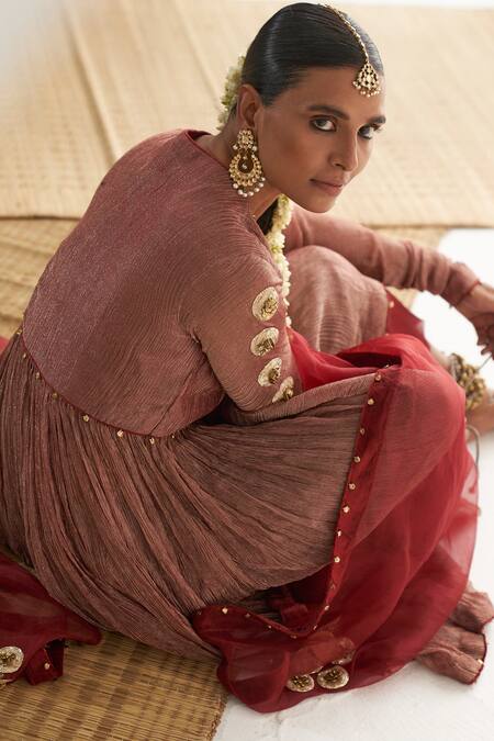 Itrh Maroon Crepe, Organza, Embroidery Pleated Placement Anarkali Set Online at Aza Fashions Itrh_Maroon Crepe, Organza, Embroidery Pleated Placement Anarkali Set _Online_at_Aza_Fashions