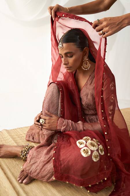 Shop Itrh Maroon Crepe, Organza, Embroidery Pleated Placement Anarkali Set Online at Aza Fashions Shop_Itrh_Maroon Crepe, Organza, Embroidery Pleated Placement Anarkali Set _Online_at_Aza_Fashions