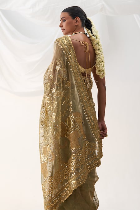 Weaver Story - Gold Tissue Silk Embroidery Gota Leaf Neck Border Saree  Blouse For Women