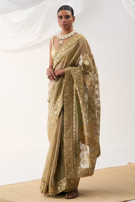 Buy_Itrh_Gold Silk Tissue Embroidery Gota Patti Round Neck Green Saree Set _Online_at_Aza_Fashions