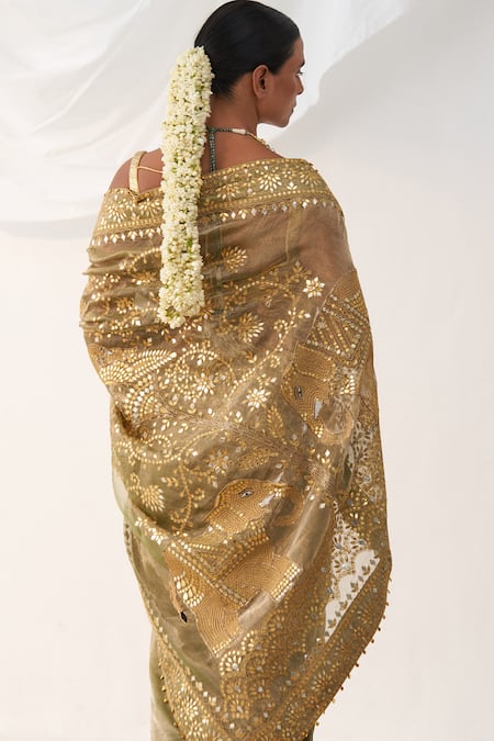 Shop_Itrh_Gold Silk Tissue Embroidery Gota Patti Round Neck Green Saree Set _Online_at_Aza_Fashions