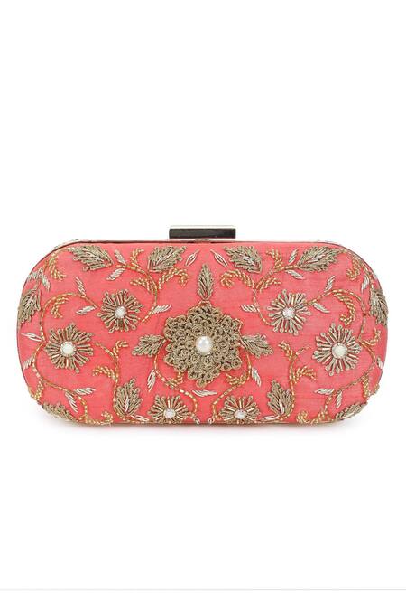 The Purple Sack Peach Embroidery, Cut Work Raw Silk Floral Clutch Online at Aza Fashions The Purple Sack_Peach Embroidery, Cut Work Raw Silk Floral Clutch _Online_at_Aza_Fashions