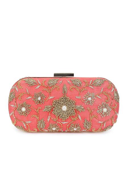 Buy_The Purple Sack_Peach Embroidery, Cut Work Raw Silk Floral Clutch _Online_at_Aza_Fashions