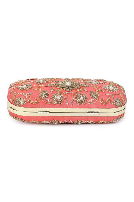 Buy_The Purple Sack_Peach Embroidery, Cut Work Raw Silk Floral Clutch 
