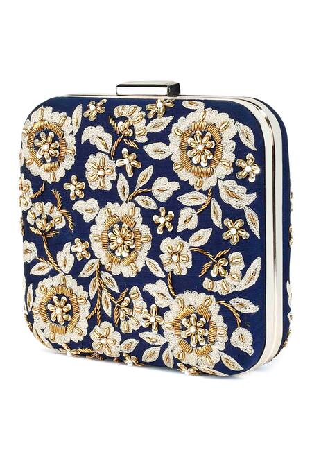 The Purple Sack_Blue Embroidery, Zari Raw Silk Zardozi Clutch _Online_at_Aza_Fashions