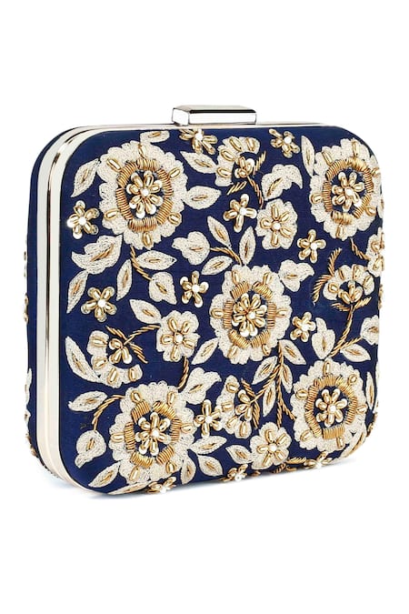 Buy_The Purple Sack_Blue Embroidery, Zari Raw Silk Zardozi Clutch _Online_at_Aza_Fashions