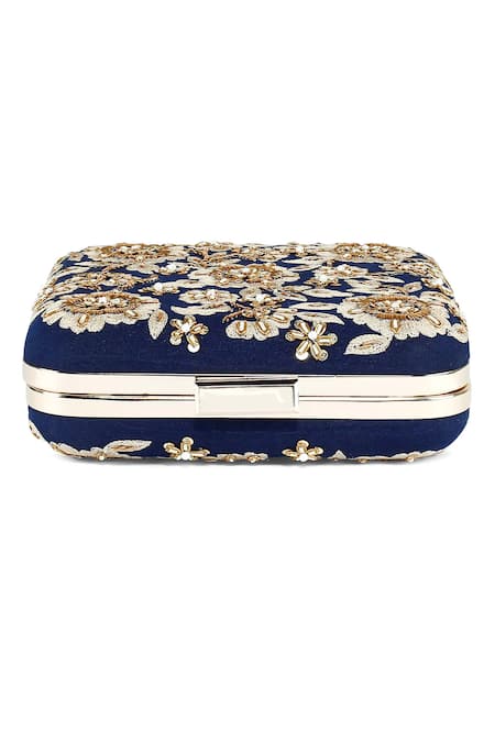 Shop_The Purple Sack_Blue Embroidery, Zari Raw Silk Zardozi Clutch _Online_at_Aza_Fashions