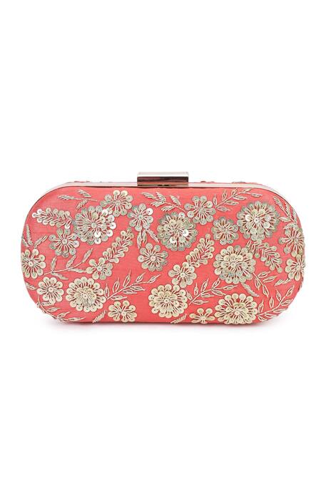 The Purple Sack_Peach Embroidery Raw Silk Flower Clutch _Online_at_Aza_Fashions