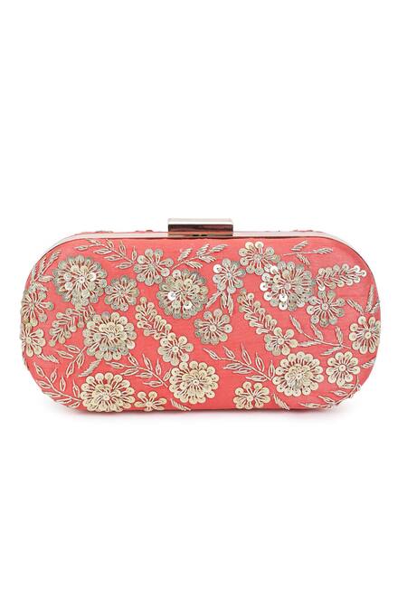 Buy_The Purple Sack_Peach Embroidery Raw Silk Flower Clutch _Online_at_Aza_Fashions