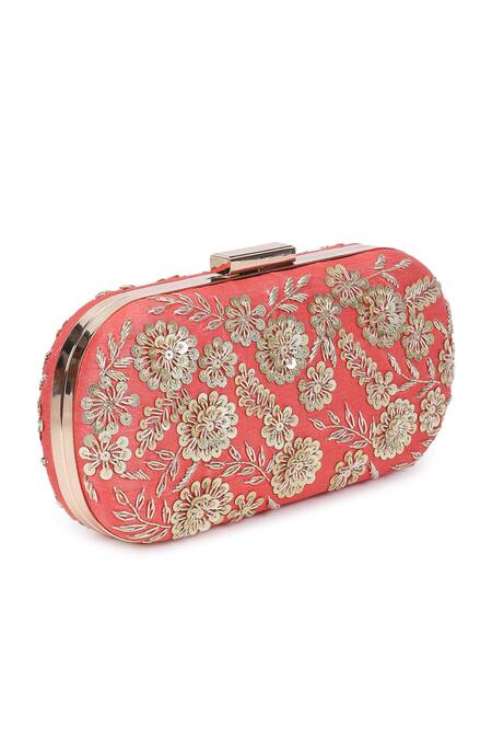 Shop_The Purple Sack_Peach Embroidery Raw Silk Flower Clutch _Online_at_Aza_Fashions