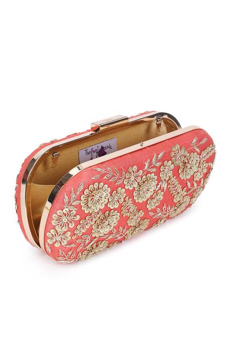 The Purple Sack_Peach Embroidery Raw Silk Flower Clutch _at_Aza_Fashions