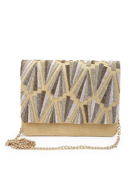The Purple Sack Raw Silk Geometric Embroidered Clutch 