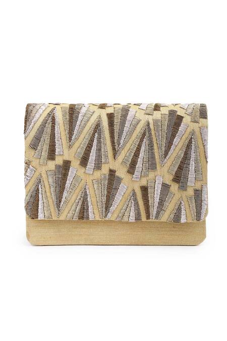 The Purple Sack_Gold Embroidery Raw Silk Geometric Clutch _Online_at_Aza_Fashions