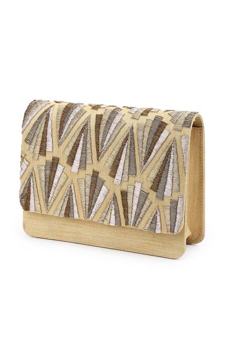 Buy_The Purple Sack_Gold Embroidery Raw Silk Geometric Clutch _Online_at_Aza_Fashions