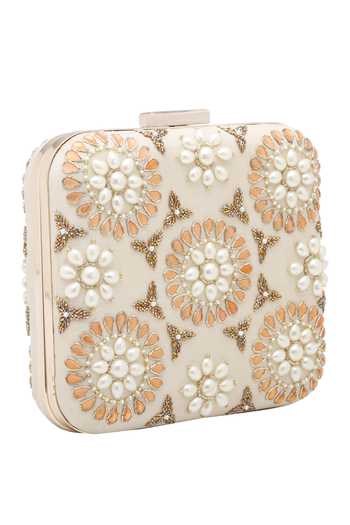 The Purple Sack_Cream Embroidery, Pearls Symmetrical Floral Clutch _Online_at_Aza_Fashions