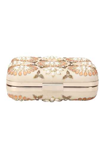 Buy_The Purple Sack_Cream Embroidery, Pearls Symmetrical Floral Clutch _Online_at_Aza_Fashions