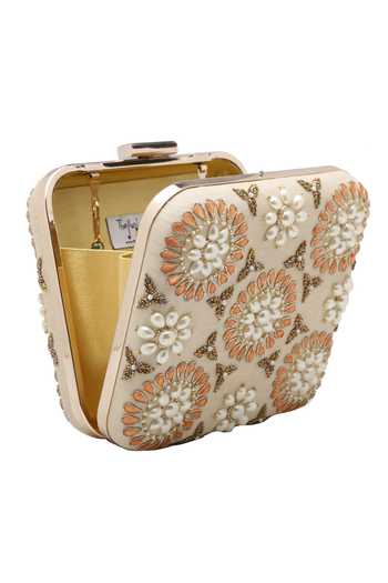 Shop_The Purple Sack_Cream Embroidery, Pearls Symmetrical Floral Clutch _Online_at_Aza_Fashions