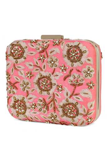 The Purple Sack Peach Embroidery Zardozi Hand Clutch Online at Aza Fashions The Purple Sack_Peach Embroidery Zardozi Hand Clutch _Online_at_Aza_Fashions