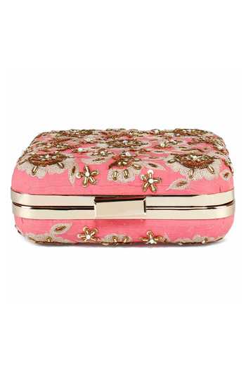 The Purple Sack Peach Embroidery Zardozi Hand Clutch at Aza Fashions The Purple Sack_Peach Embroidery Zardozi Hand Clutch _at_Aza_Fashions