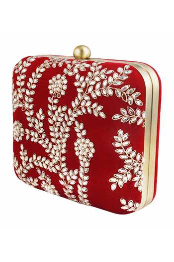 The Purple Sack_Maroon Embroidery Raw Silk Clutch _Online_at_Aza_Fashions