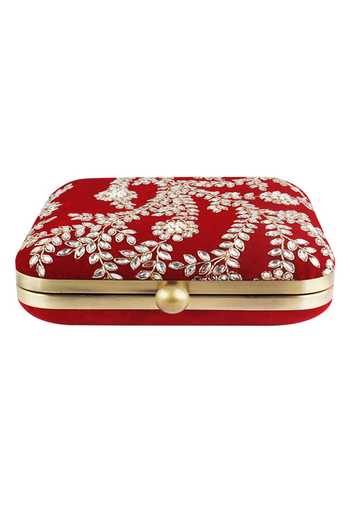 Shop_The Purple Sack_Maroon Embroidery Raw Silk Clutch _Online_at_Aza_Fashions