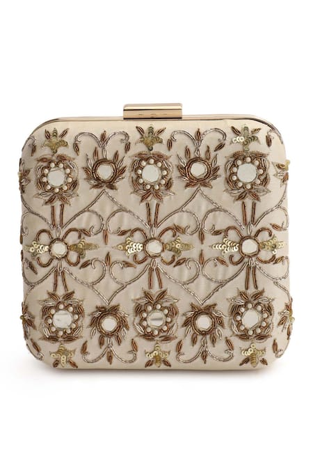 The Purple Sack_Beige Embroidery Mirror And Sequin Clutch _Online_at_Aza_Fashions