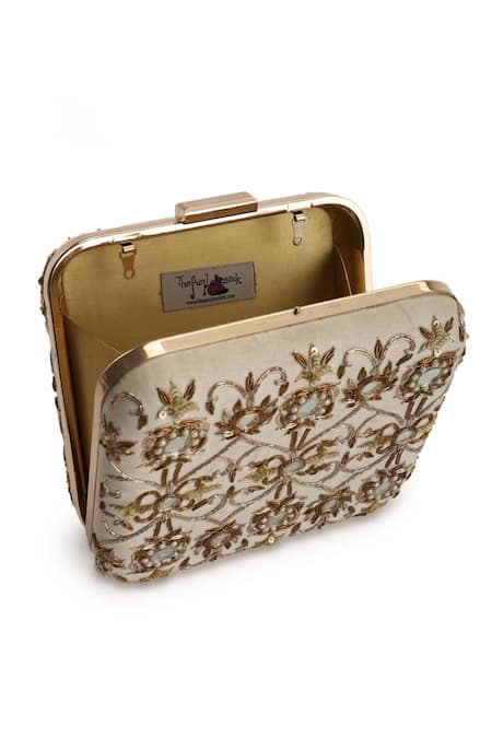 Buy_The Purple Sack_Beige Embroidery Mirror And Sequin Clutch _Online_at_Aza_Fashions
