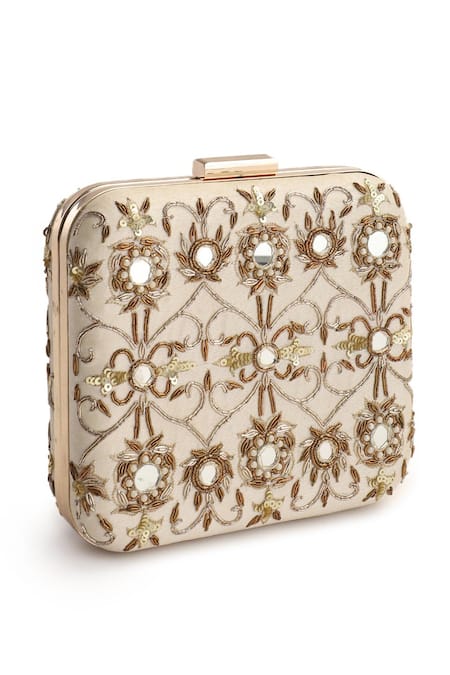 Shop_The Purple Sack_Beige Embroidery Mirror And Sequin Clutch _Online_at_Aza_Fashions