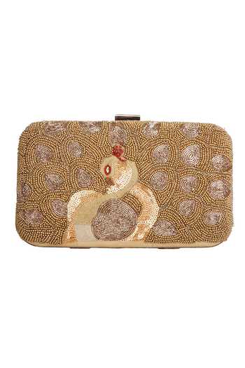 Shop The Purple Sack Gold Embroidery, Beads, Sequins Peacock Hand Clutch at Aza Fashions Shop_The Purple Sack_Gold Embroidery, Beads, Sequins Peacock Hand Clutch _at_Aza_Fashions