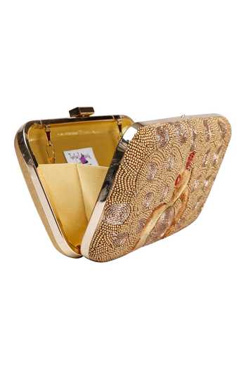 Shop The Purple Sack Gold Embroidery, Beads, Sequins Peacock Hand Clutch Online at Aza Fashions Shop_The Purple Sack_Gold Embroidery, Beads, Sequins Peacock Hand Clutch _Online_at_Aza_Fashions