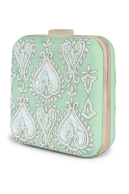 The Purple Sack_Green Embroidery Hand Clutch _Online_at_Aza_Fashions