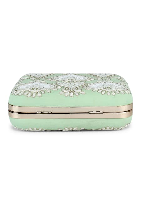 The Purple Sack_Green Embroidery Hand Clutch _at_Aza_Fashions