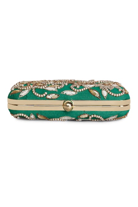 The Purple Sack_Green Embroidery Double Paisley Hand Clutch _Online_at_Aza_Fashions