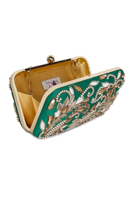 Buy_The Purple Sack_Green Embroidery Double Paisley Hand Clutch _Online_at_Aza_Fashions