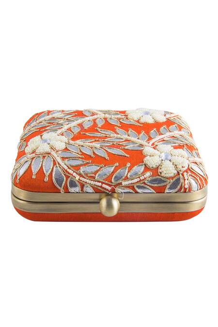 Buy The Purple Sack Orange Gota Patti Hand Embroidered Square Clutch Online at Aza Fashions Buy_The Purple Sack_Orange Gota Patti Hand Embroidered Square Clutch _Online_at_Aza_Fashions