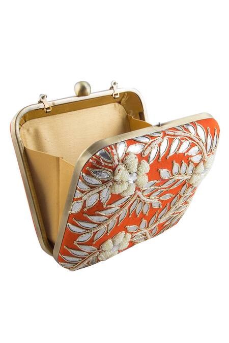 Shop The Purple Sack Orange Gota Patti Hand Embroidered Square Clutch Online at Aza Fashions Shop_The Purple Sack_Orange Gota Patti Hand Embroidered Square Clutch _Online_at_Aza_Fashions