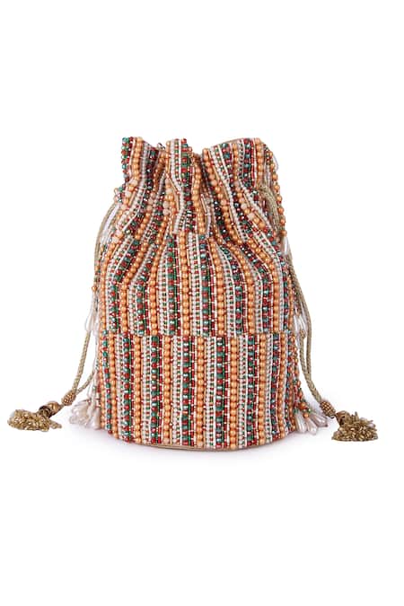 Shop The Purple Sack Multi Color Pearls, Beads, Cut Work Mahekaa Tasselled Potli Bag at Aza Fashions Shop_The Purple Sack_Multi Color Pearls, Beads, Cut Work Mahekaa Tasselled Potli Bag _at_Aza_Fashions