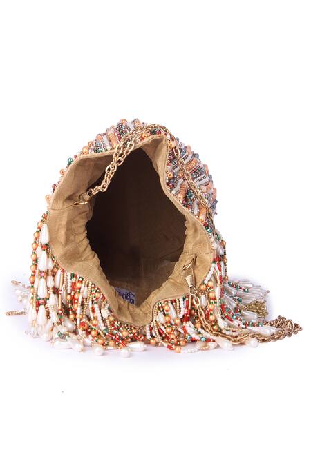 The Purple Sack Multi Color Pearls, Beads, Cut Work Mahekaa Tasselled Potli Bag at Aza Fashions The Purple Sack_Multi Color Pearls, Beads, Cut Work Mahekaa Tasselled Potli Bag _at_Aza_Fashions