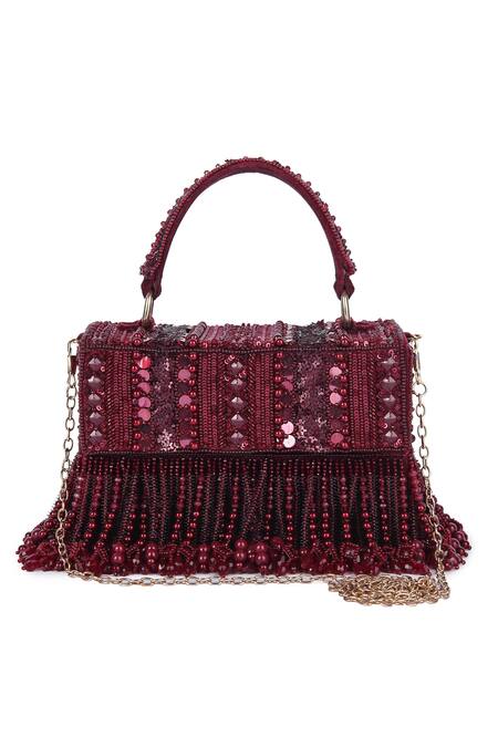 The Purple Sack_Maroon Beads, Sequins, Cut Work Minaa Embellished Box Bag _Online_at_Aza_Fashions