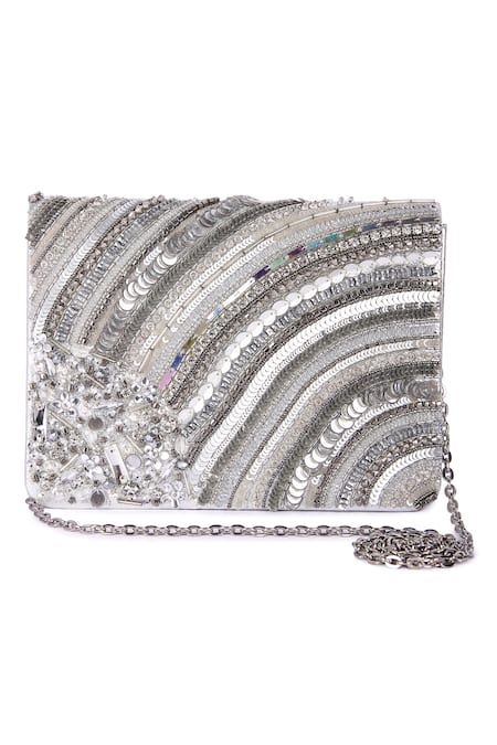 The Purple Sack_Silver Crystals, Beads, Stones, Sequins Sheel Crytal And Embellished Bag _Online_at_Aza_Fashions