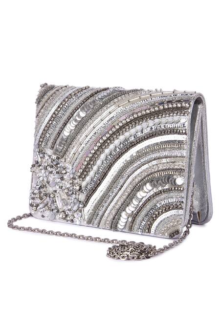 Buy_The Purple Sack_Silver Crystals, Beads, Stones, Sequins Sheel Crytal And Embellished Bag _Online_at_Aza_Fashions